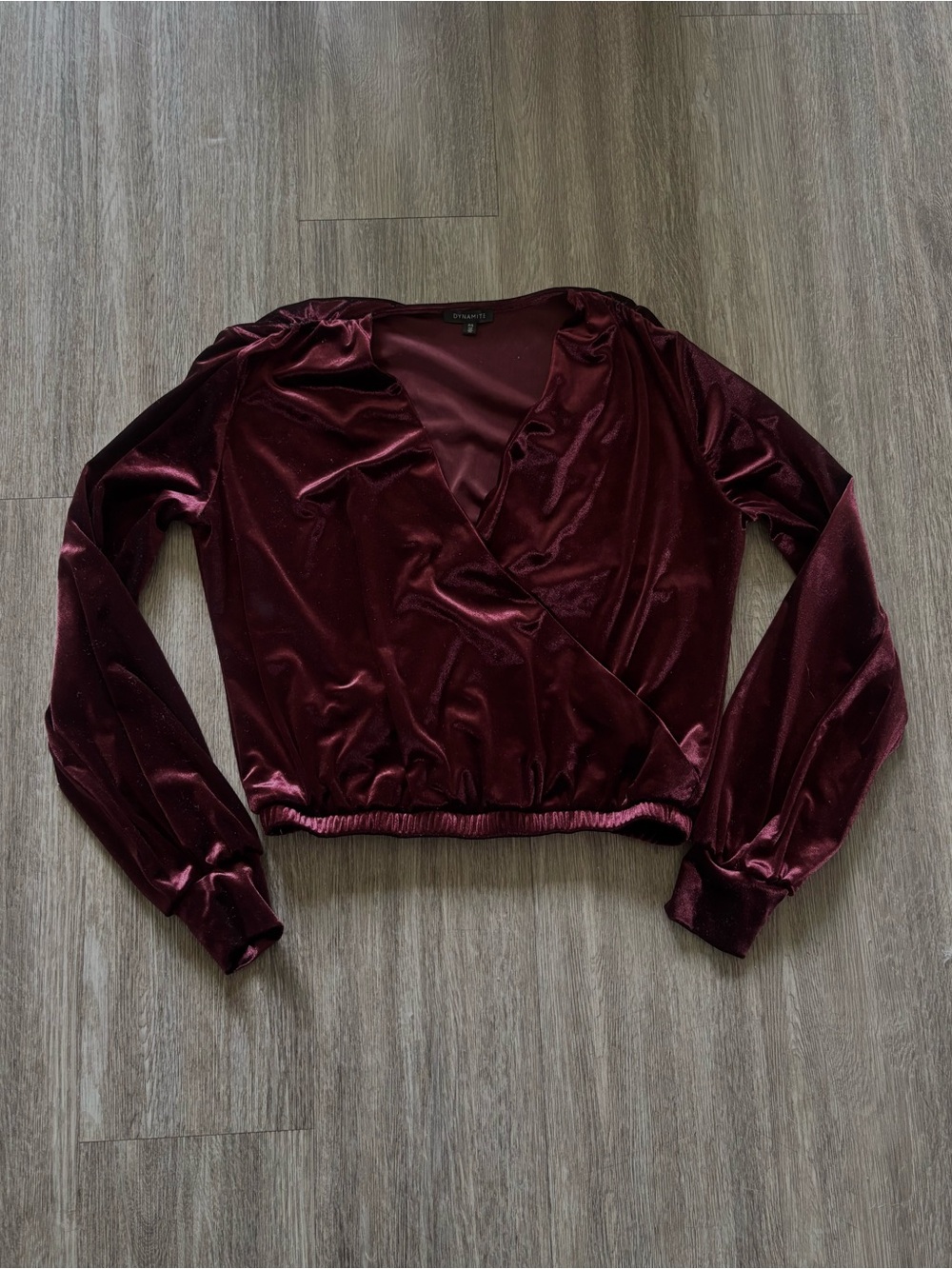 Dynamite Velvet Wrap Cropped Long Sleeve in Dark Burgundy